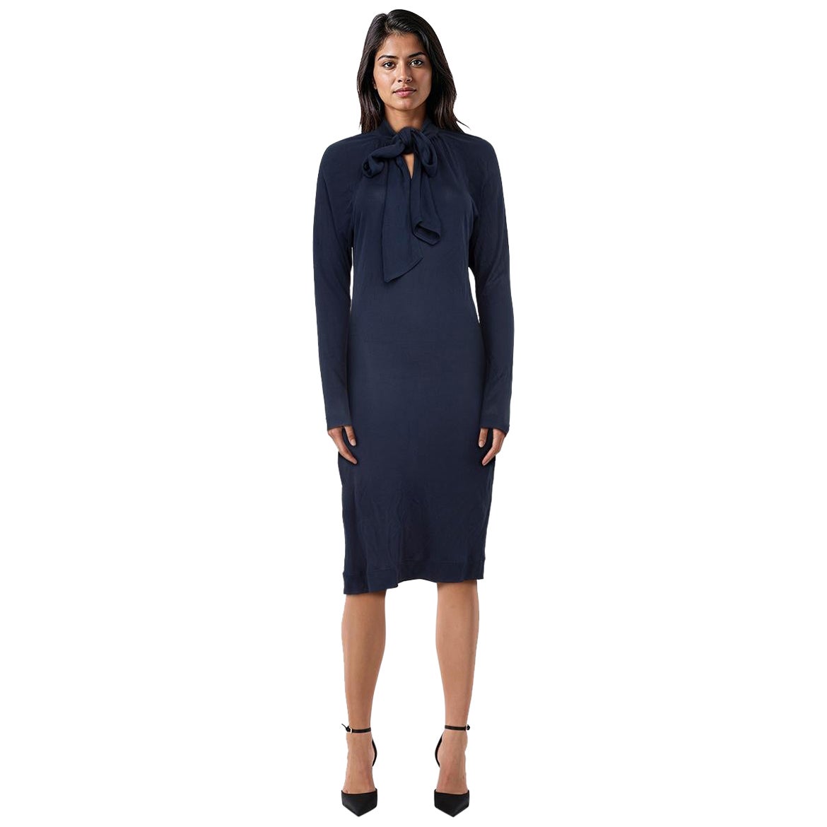 Hermès Navy Midi Neck Tie Dress Size XS en venta