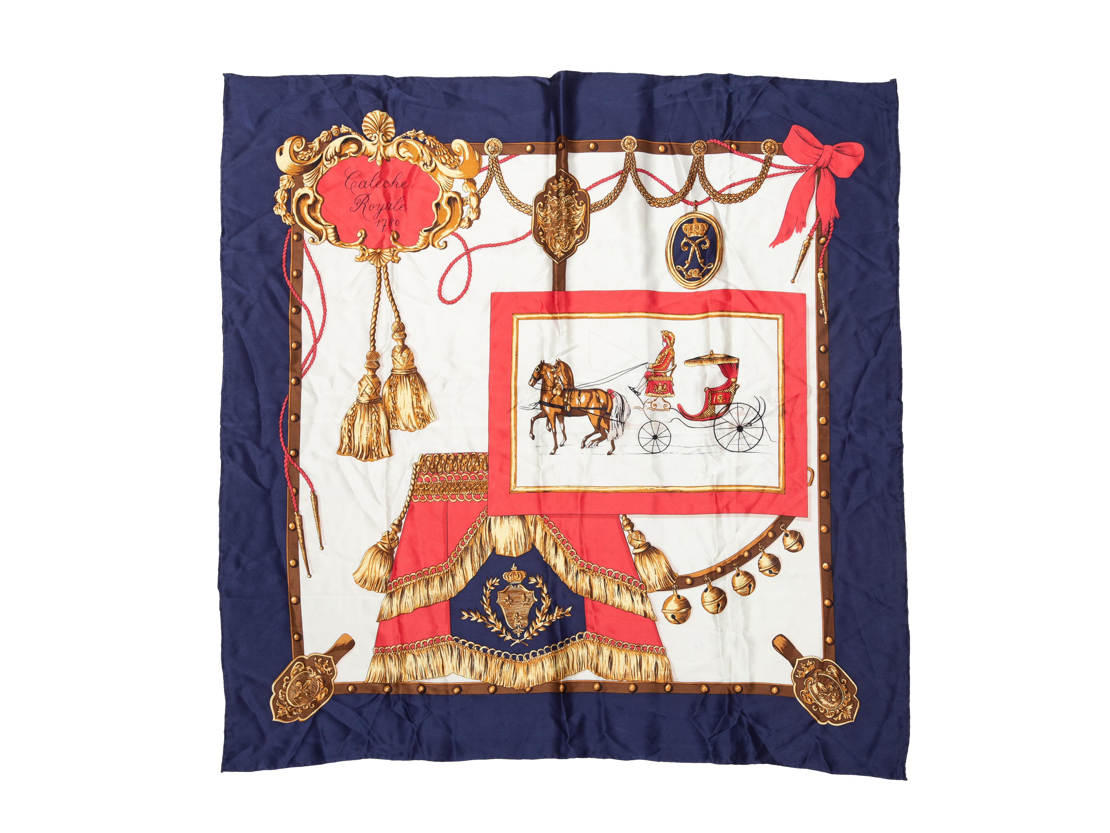 Product details: Navy and multicolor 'Caleche Royale' print silk scarf by Hermes. 34