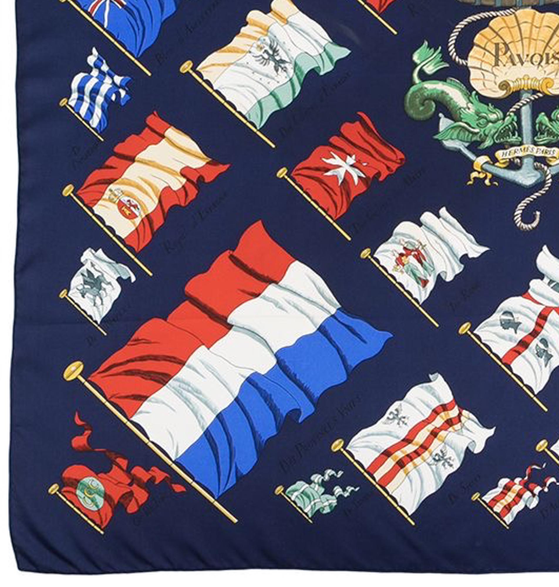 Hermes Navy Pavois by Ledoux Silk Scarf In Excellent Condition In Paris, FR