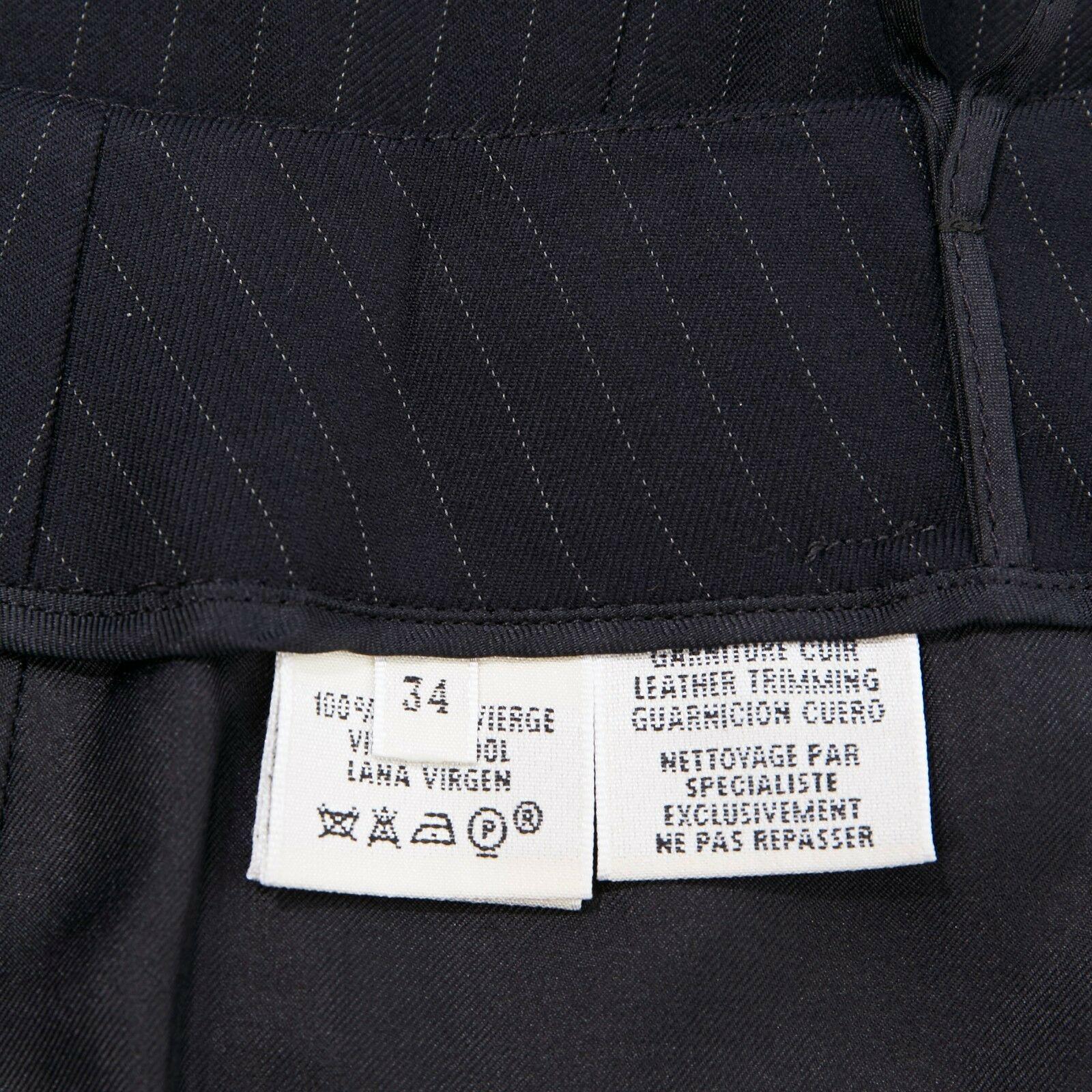 HERMES navy pinstripe virgin wool brown leather buckle wrap front skirt FR34 27