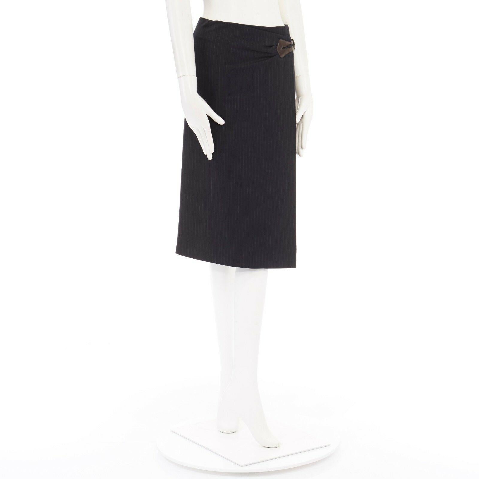 Black HERMES navy pinstripe virgin wool brown leather buckle wrap front skirt FR34 27