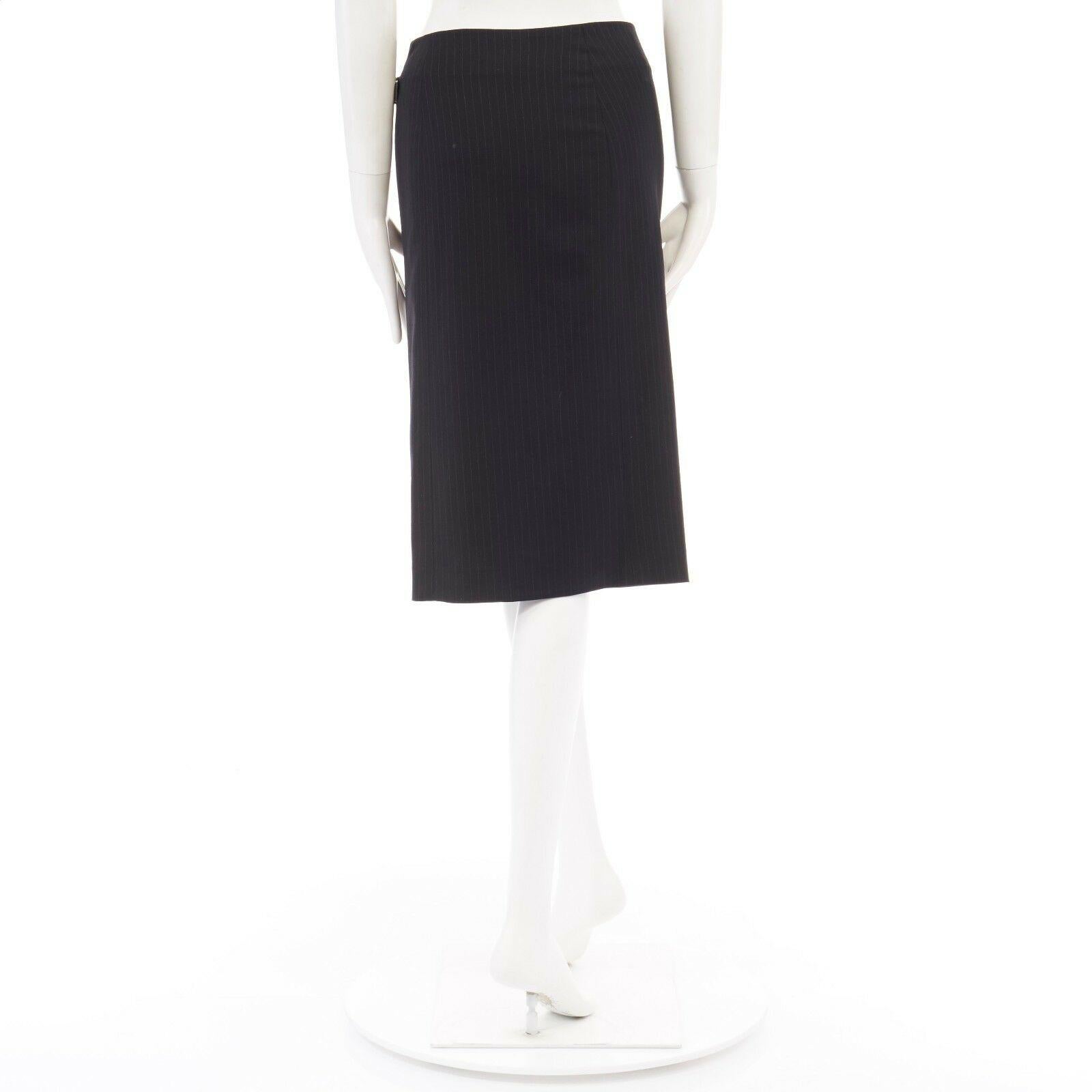 Women's HERMES navy pinstripe virgin wool brown leather buckle wrap front skirt FR34 27