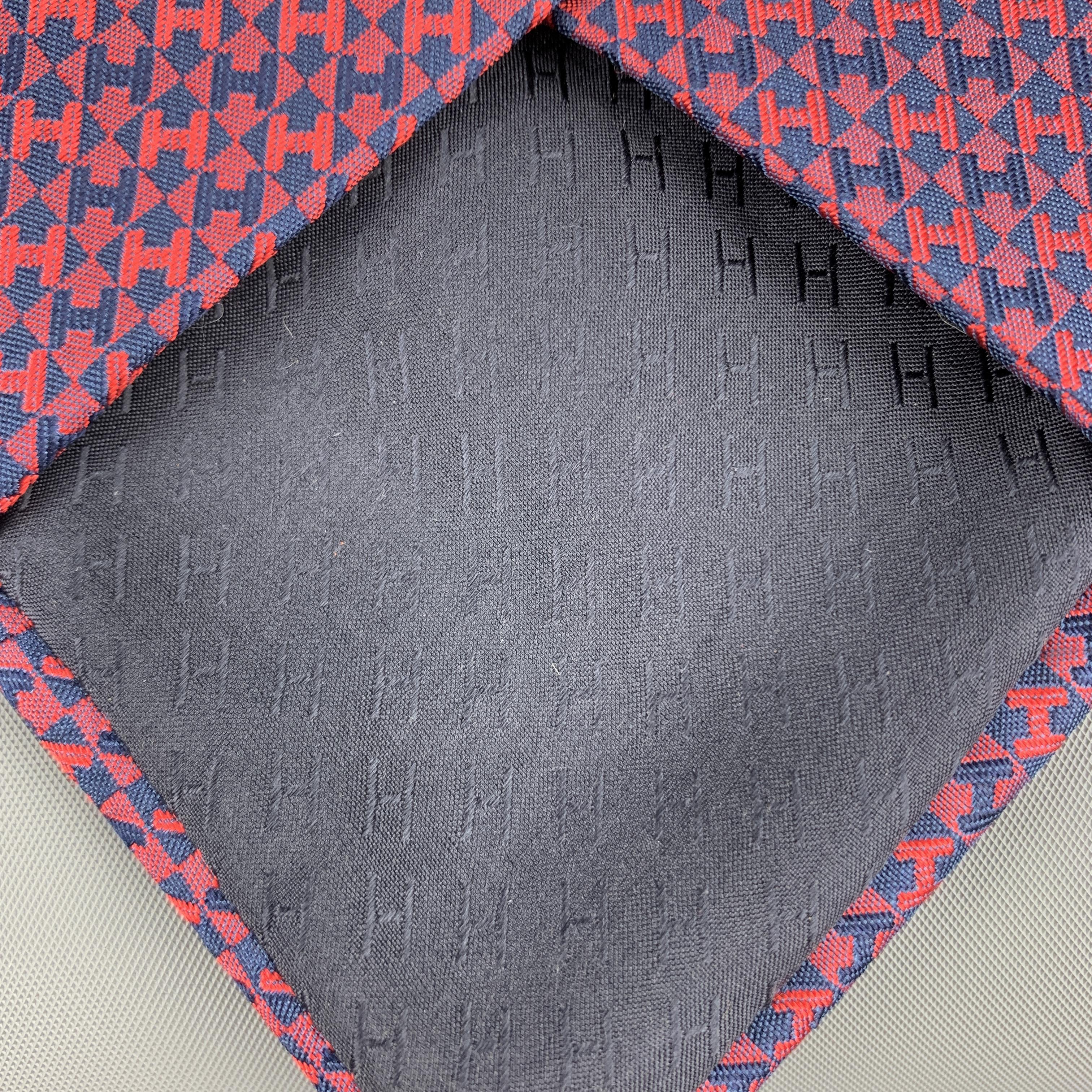 Black HERMES Navy & Red Diamond H Print Silk Tie