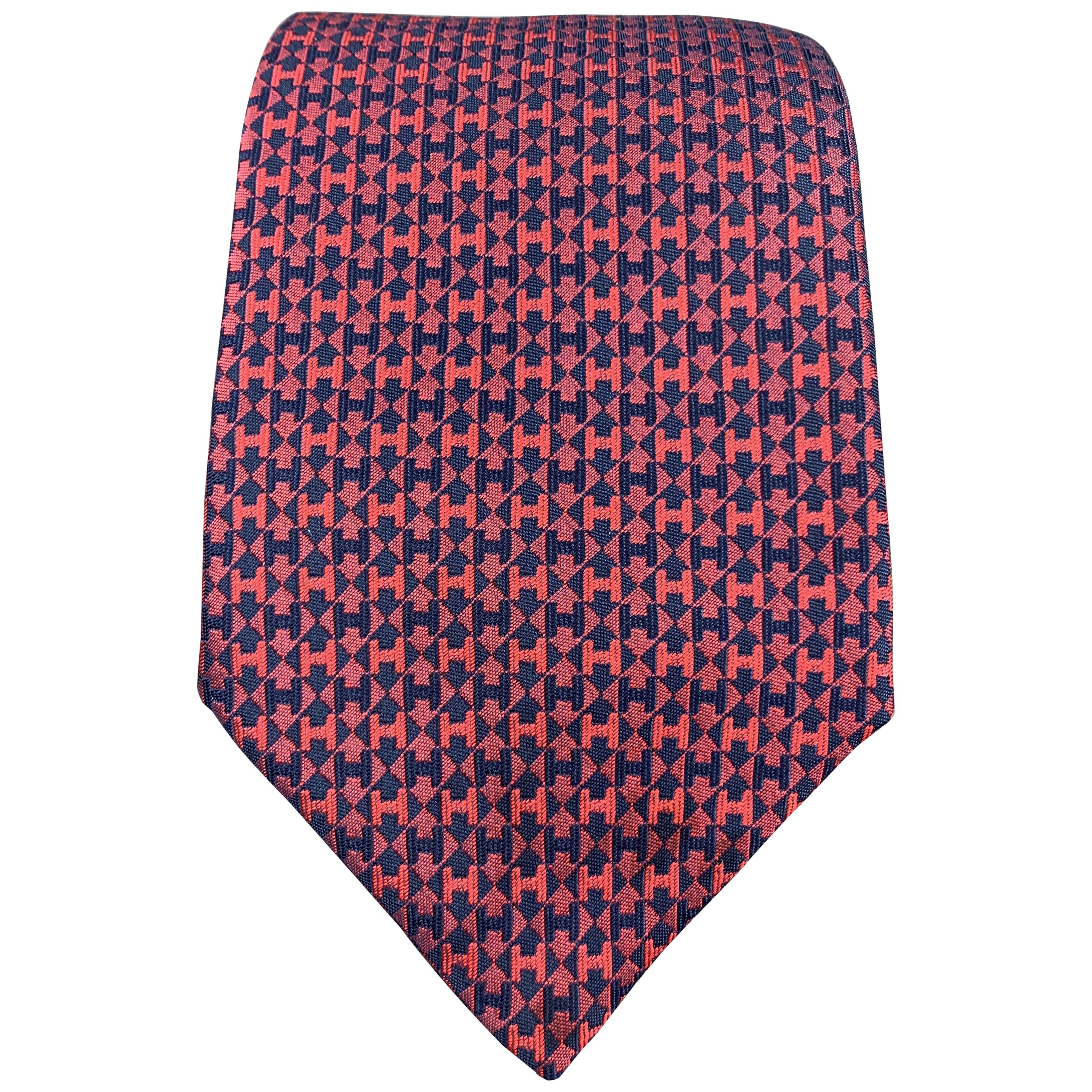 HERMES Navy & Red Diamond H Print Silk Tie