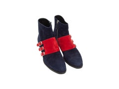 Hermes Navy & Red Suede Buckle Ankle Boots