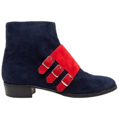 Hermes Navy & Red Suede Buckle Ankle Boots