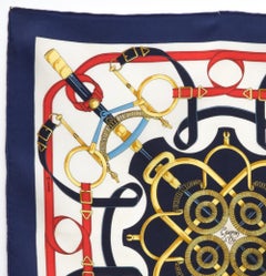 Hermes Navy Silk Gavroche Scarf Eperon d Or by Henri d Origny
