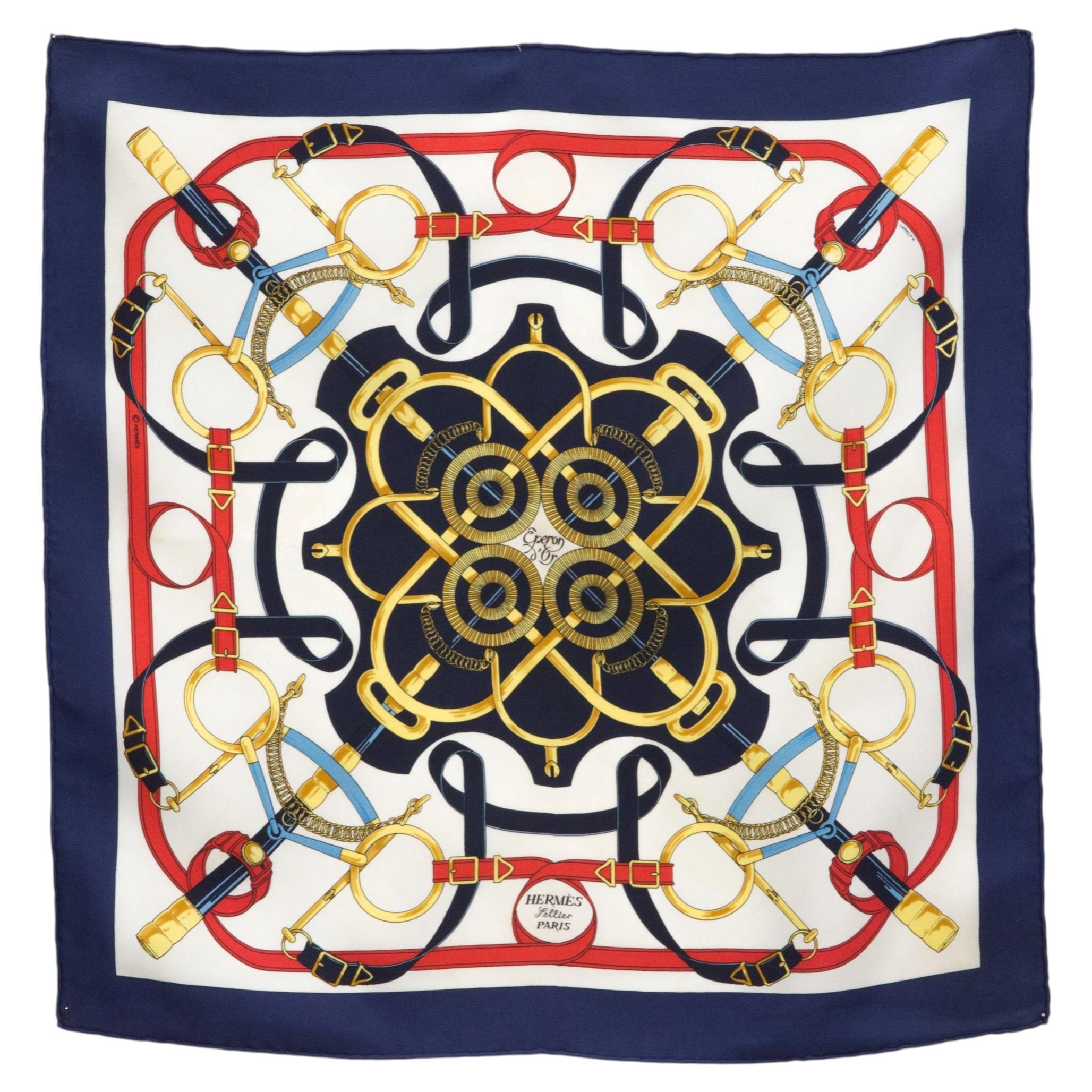 Hermes Navy Silk Gavroche Scarf Eperon d Or by Henri d Origny
