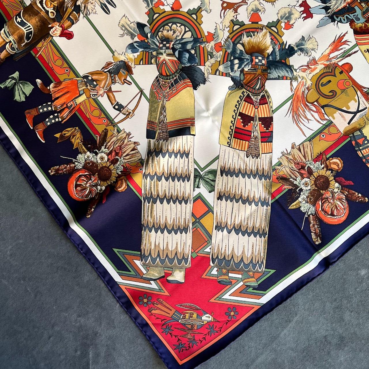 Hermès Navy Silk Kachinas Scarf by Kermit Oliver In Excellent Condition For Sale In West Hollywood, CA