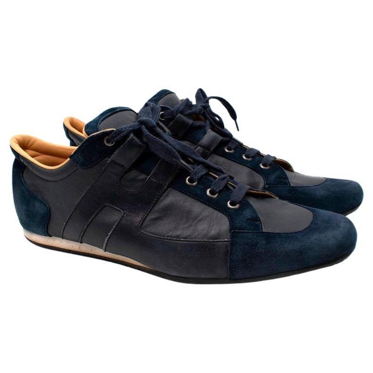 Hermes Navy Suede and Leather Low-Top Lace-Up Sneakers For Sale at 1stDibs