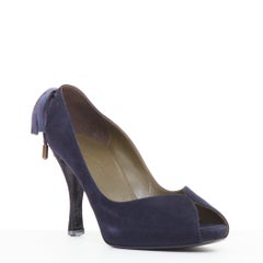 HERMES navy suede leather silk bow tie back spool heeled pumps EU37.5