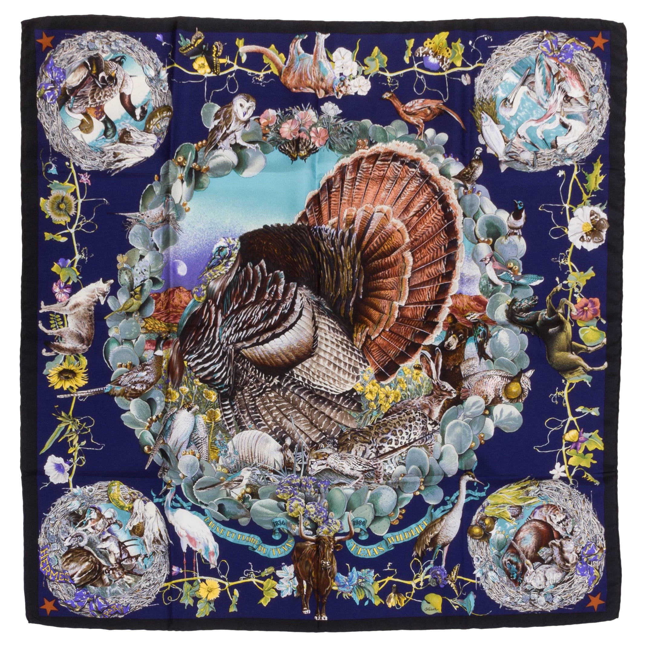 Hermès Navy Texas Wildlife-Schal, Kermit Oliver mit Box