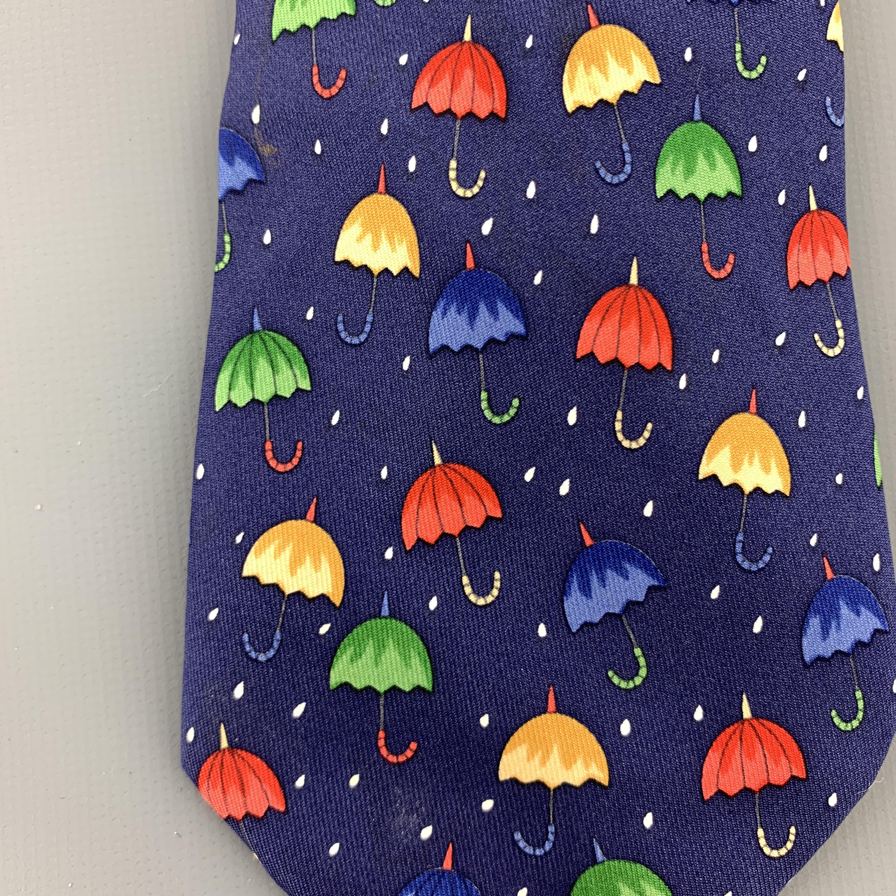 Purple HERMES Navy Umbrella Print Silk Tie