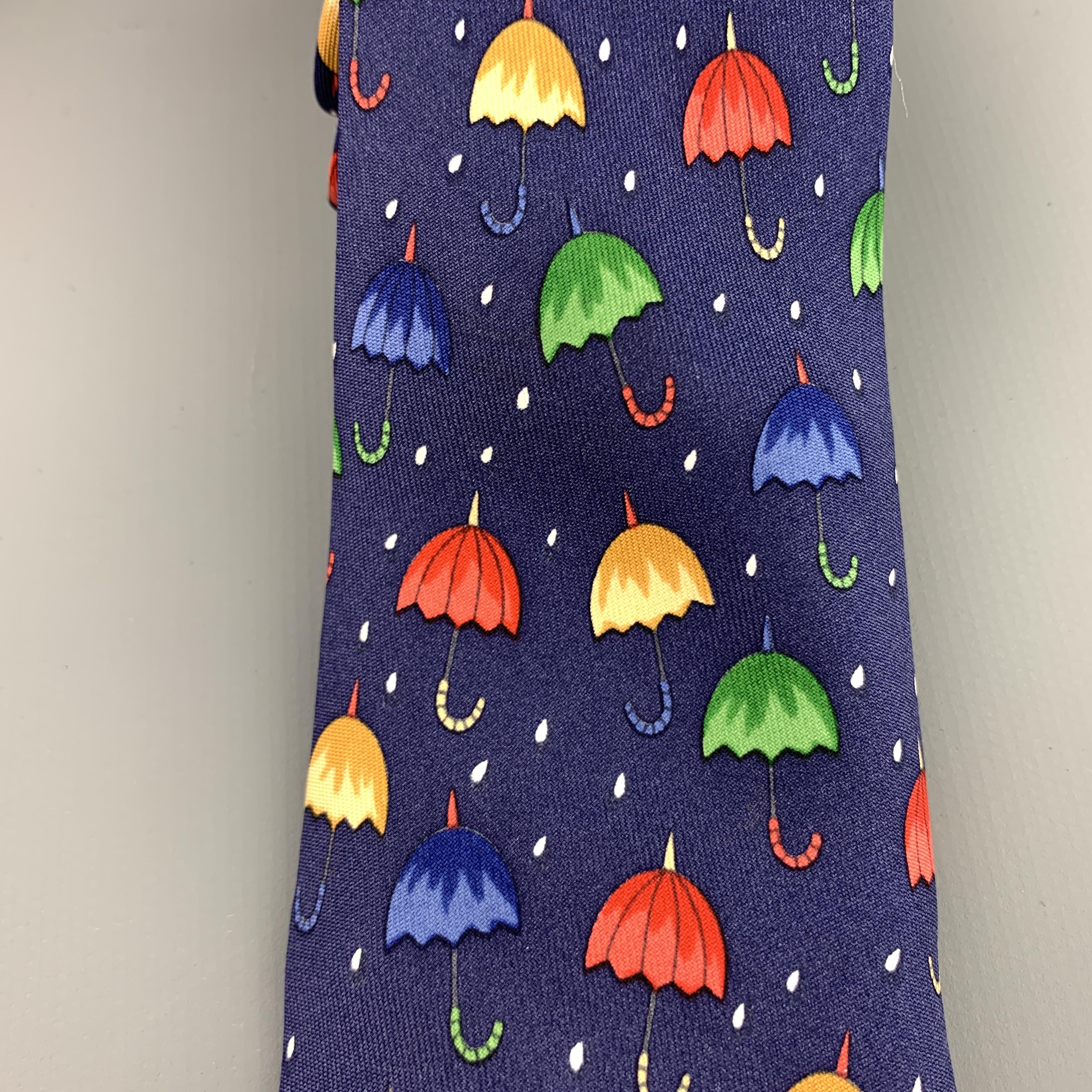 HERMES Navy Umbrella Print Silk Tie In Good Condition In San Francisco, CA