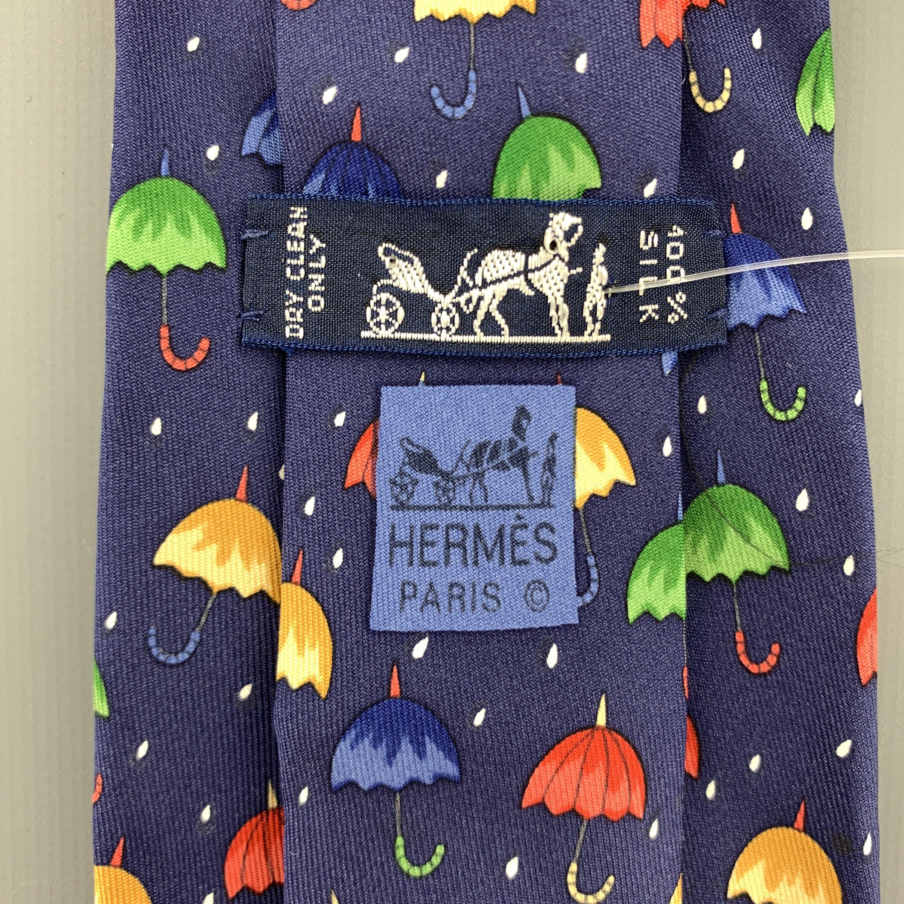 HERMES Navy Umbrella Print Silk Tie 1