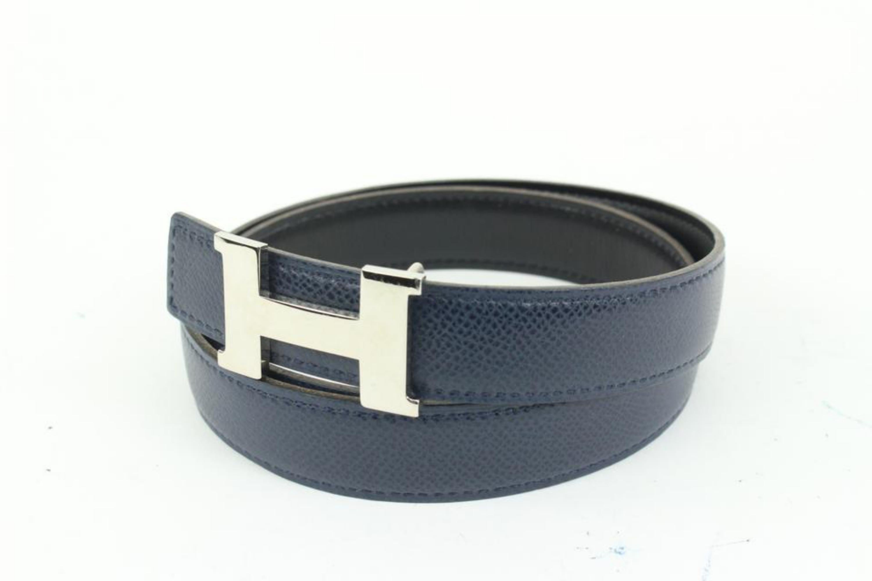 Hermès Navy x Black x Silver 24mm Reversible H Logo Belt Kit  1h425s
Date Code/Serial Number: F in a Square
Made In: France
Measurements: Length:  33.5