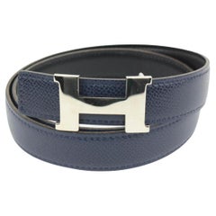 Hermès Navy x Schwarz x Silber 24mm Reversible H Logo Gürtel Kit  1h425s