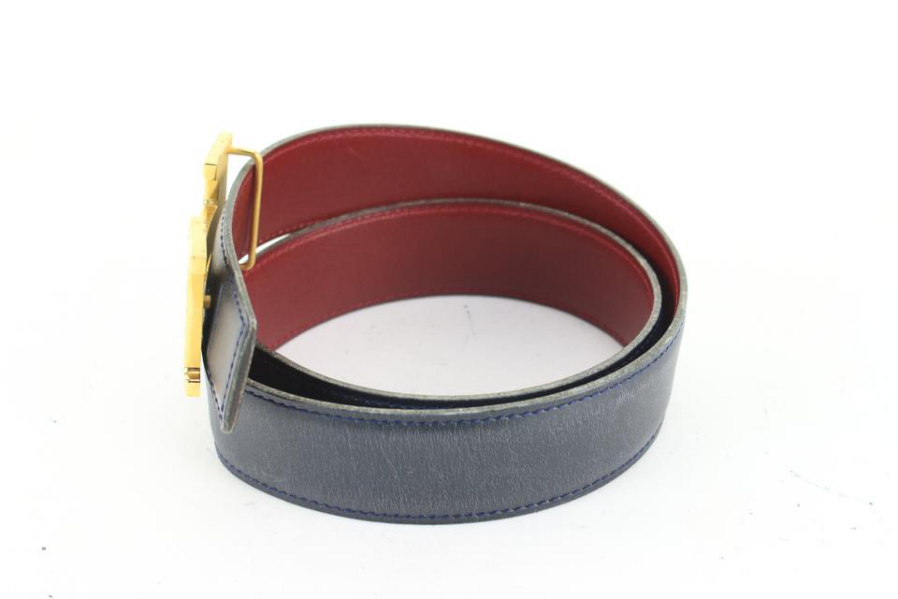 Kit ceinture logo H réversible 32mm Hermès marine x bourgogne x or 73h429s Bon état - En vente à Dix hills, NY
