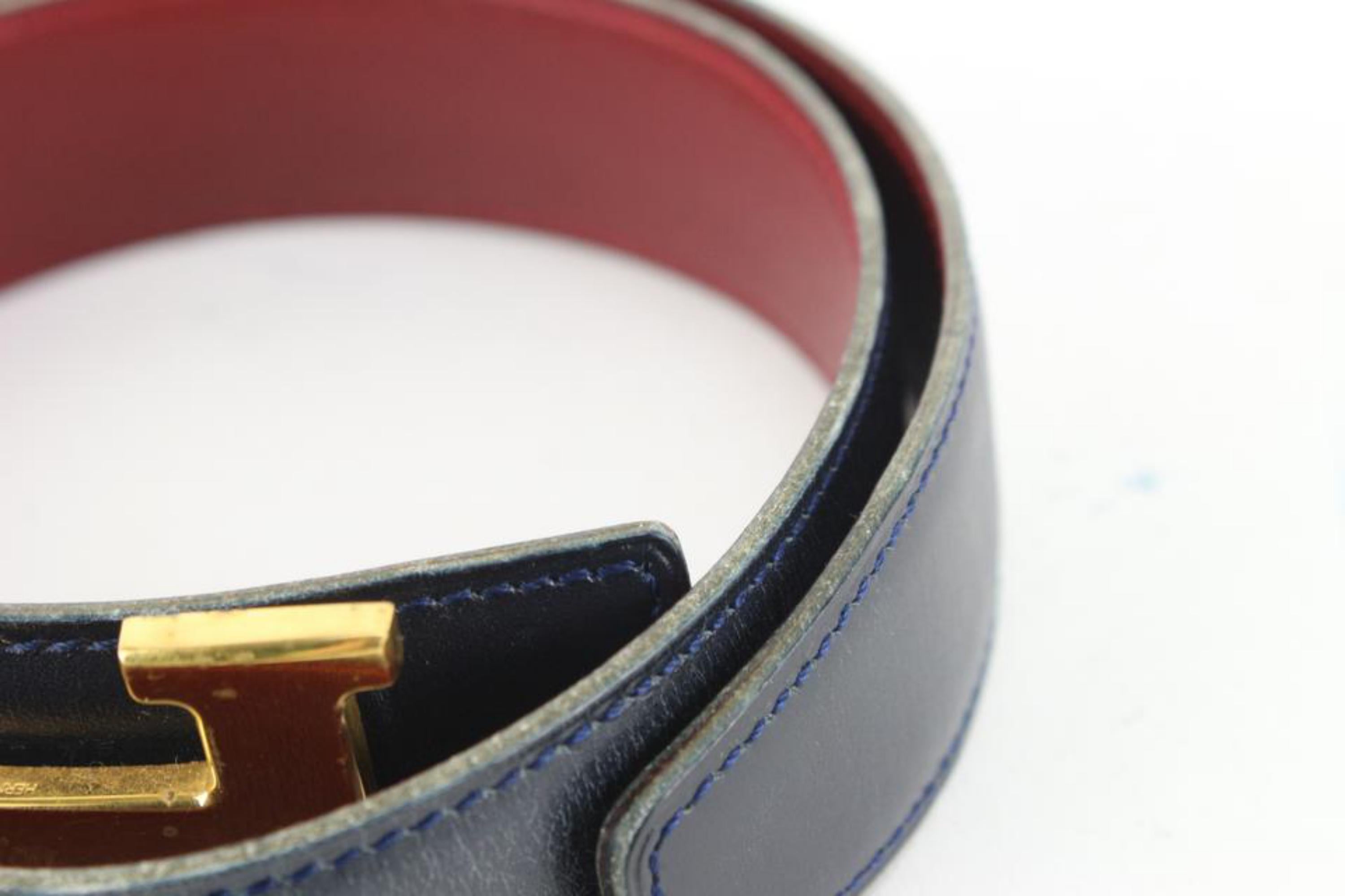 Hermès Navy x Burgundy x Gold 32mm Reversible H Logo Belt Kit 73h429s In Good Condition For Sale In Dix hills, NY