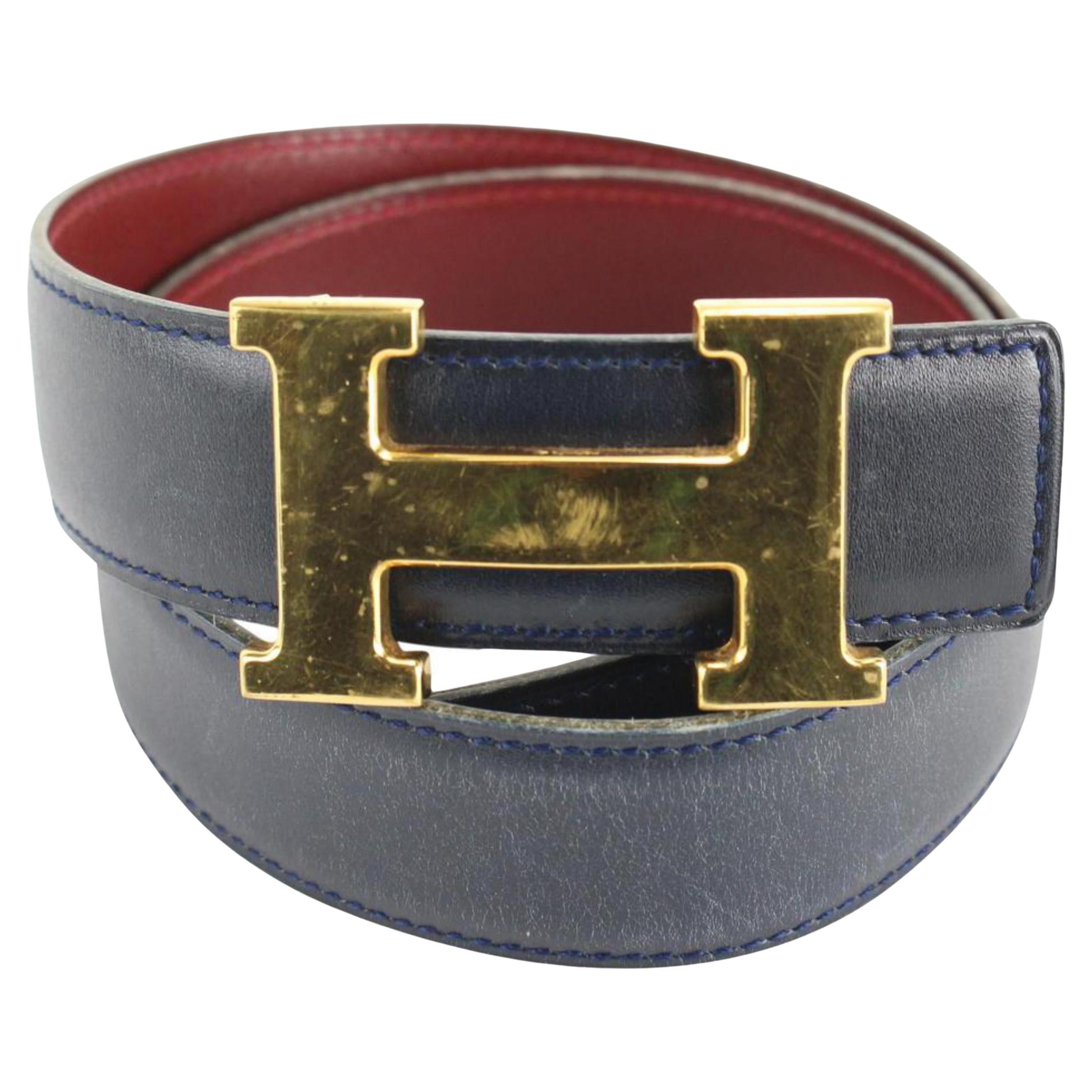 Hermès Navy x Burgundy x Gold 32mm Reversible H Logo Belt Kit 73h429s