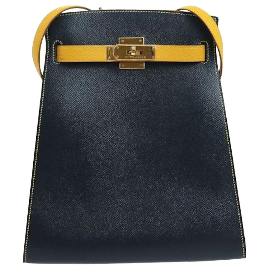 Hermes Navy Yellow Leather Gold Kelly Crossbody Shoulder Bag