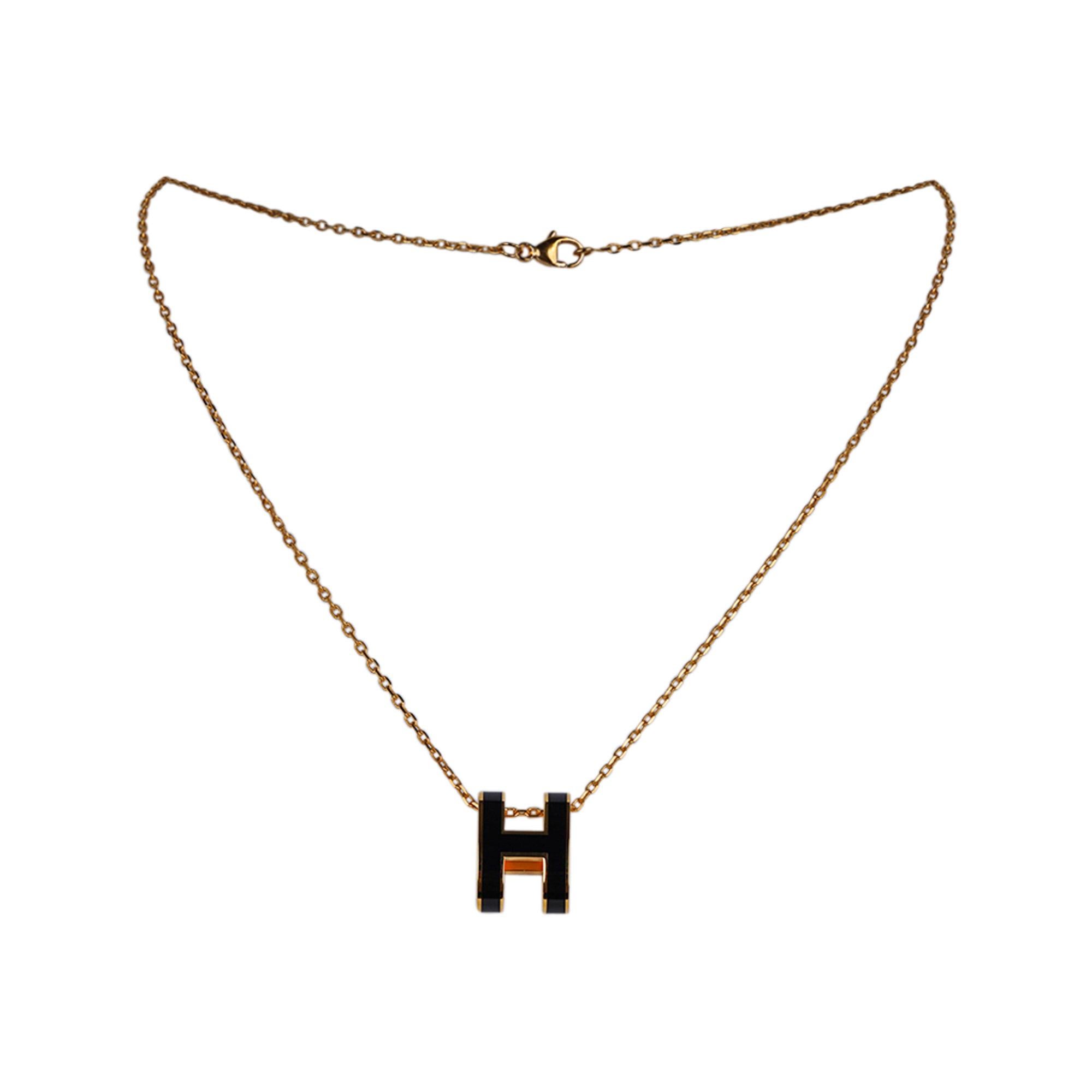 Hermes Necklace Pop H Mini Black Lacquer/ Yellow Gold New w/ Box 3