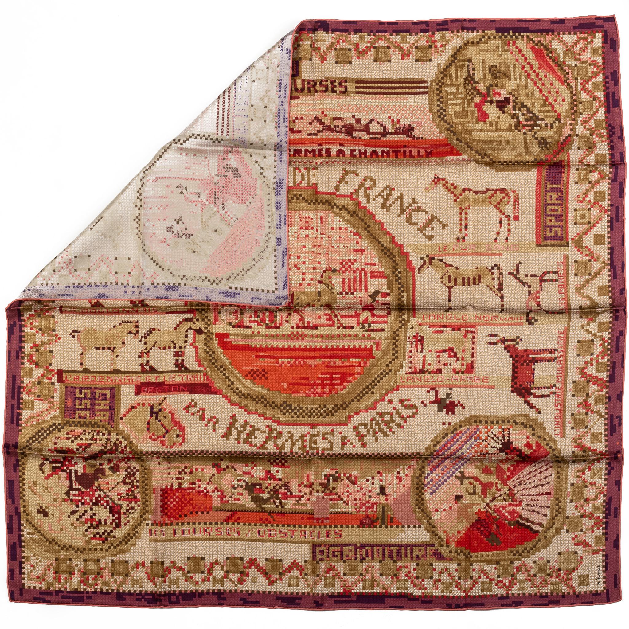 Hermes Seidenschal mit Nadelspitze in rosa und beige. Handgerollte Kanten. Keine Box enthalten.