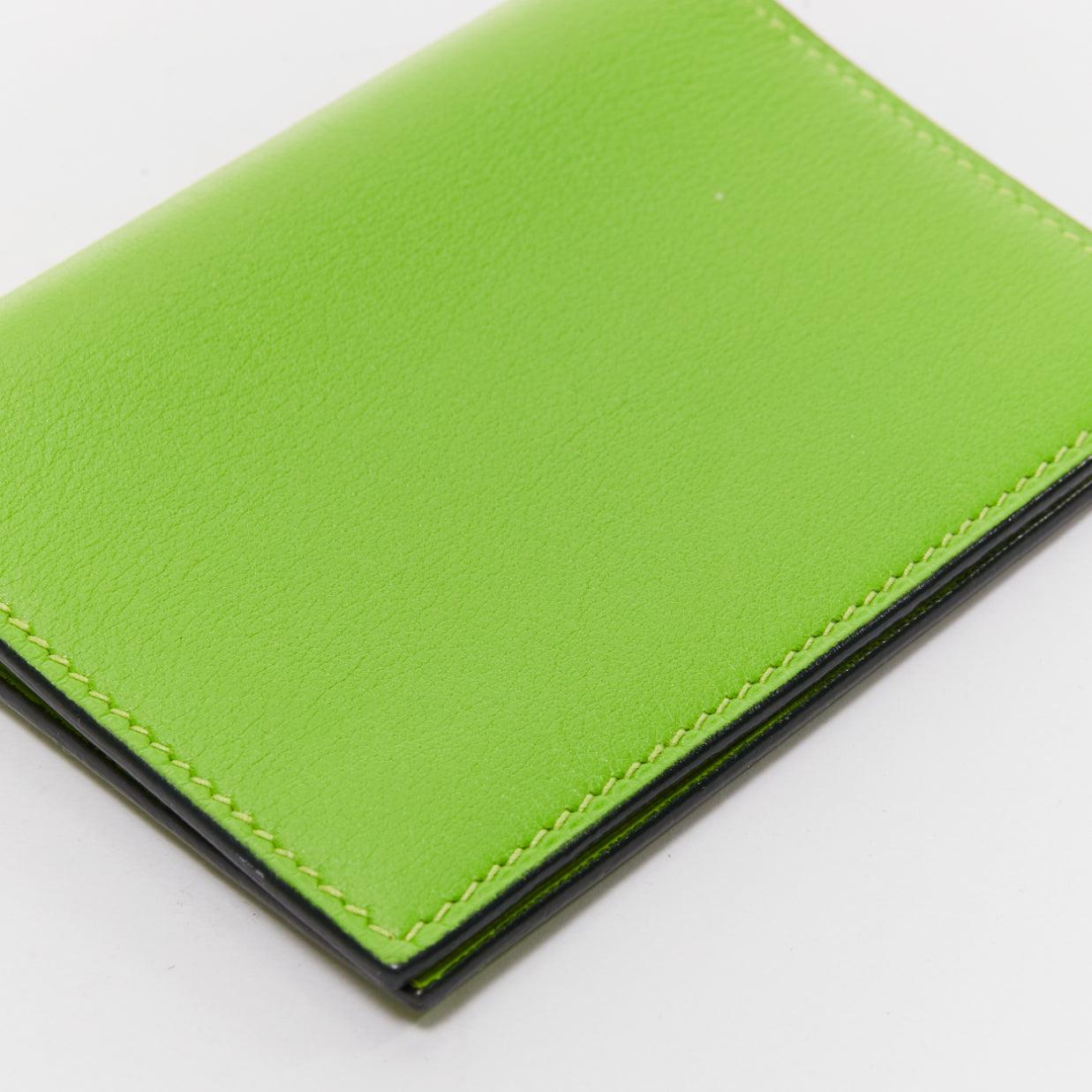 HERMES neon green smooth leather silver hardware bifold cardholder For Sale 2