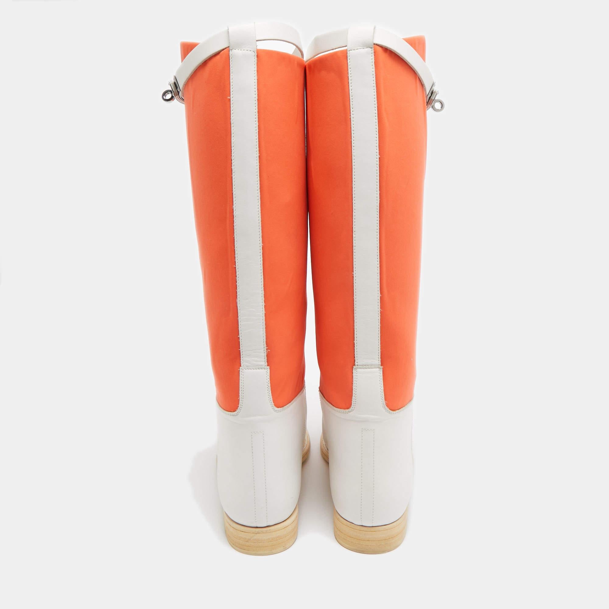 Women's Hermes Neon Orange/White Neoprene and Leather Jumping Boots Size 39 For Sale