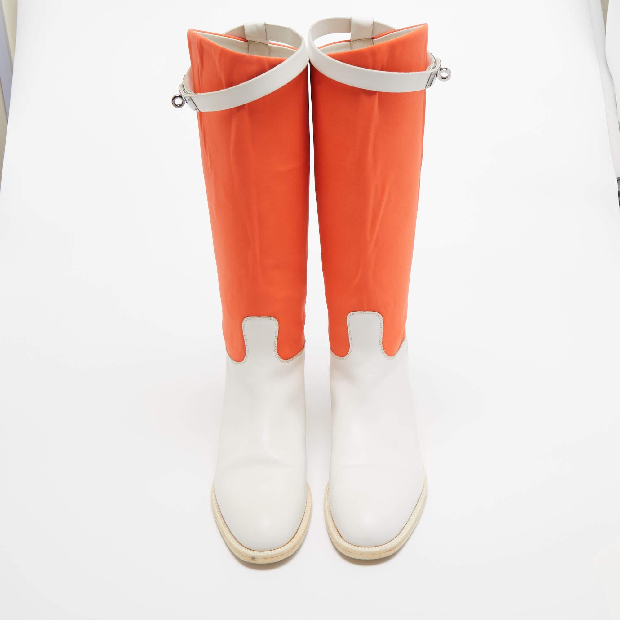 Hermes Neon Orange/White Neoprene and Leather Jumping Boots Size 39 For Sale 2