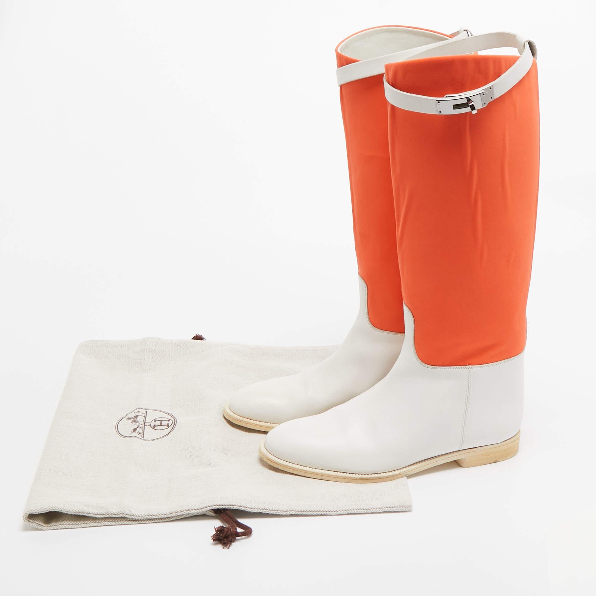 Hermes Neon Orange/White Neoprene and Leather Jumping Boots Size 39 For Sale 4
