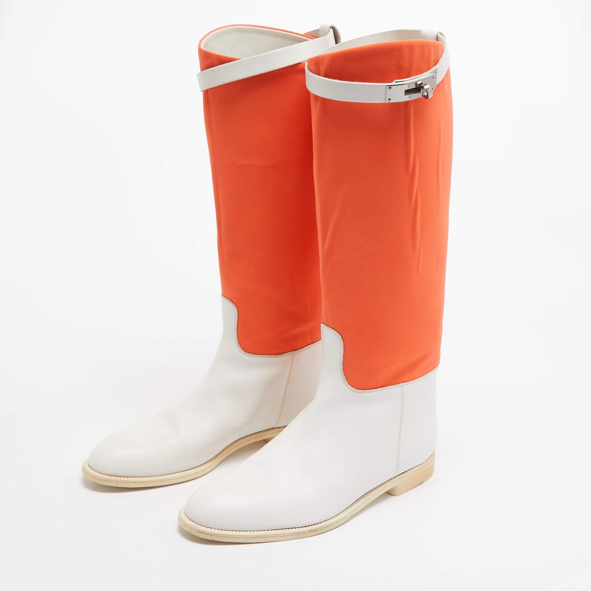 Hermes Neon Orange/White Neoprene and Leather Jumping Boots Size 39 For Sale 4