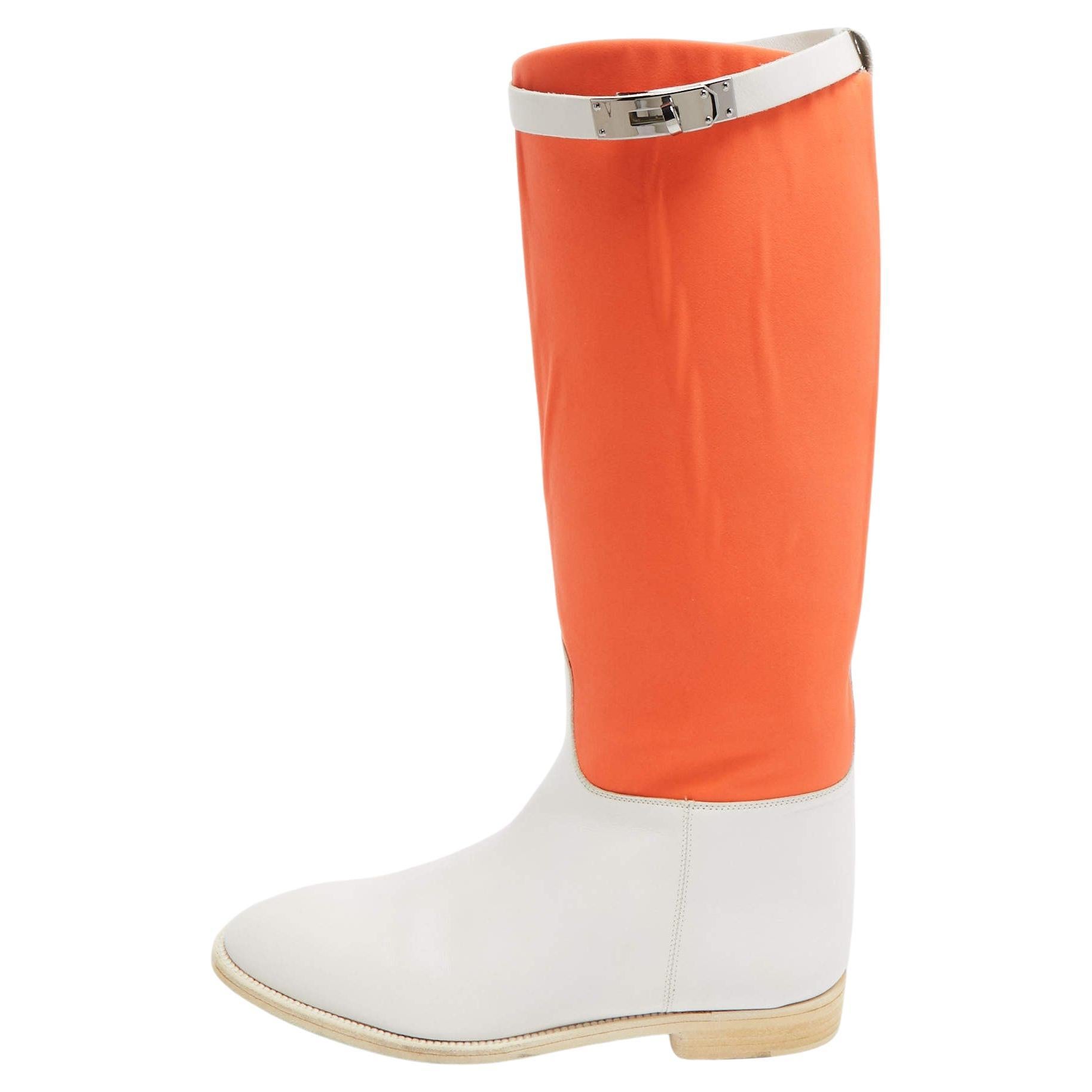 Hermes Neon Orange/White Neoprene and Leather Jumping Boots Size 39 For Sale