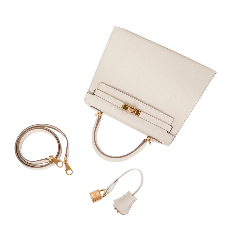 Hermes Neutral Craie Epsom Gold Hardware with Twilly Kelly 25