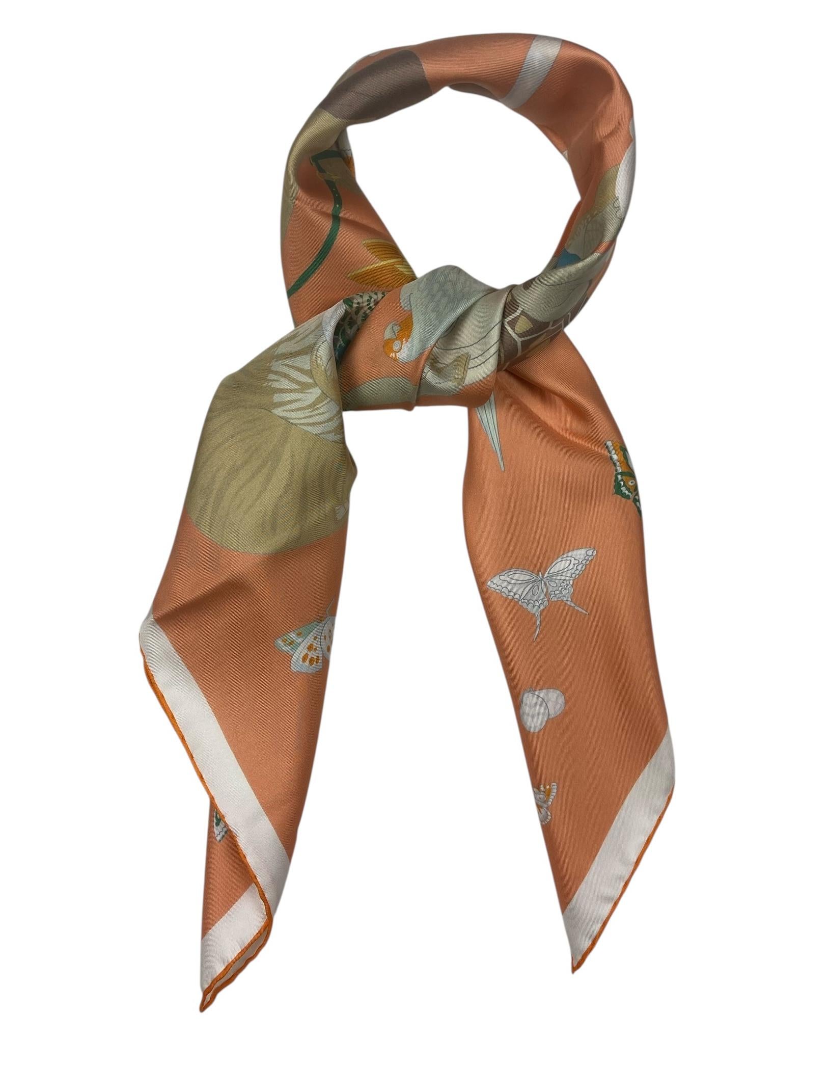 Brown Hermes NEW Abricot/Beige/Vert Hermes Story 90cm Silk Scarf For Sale