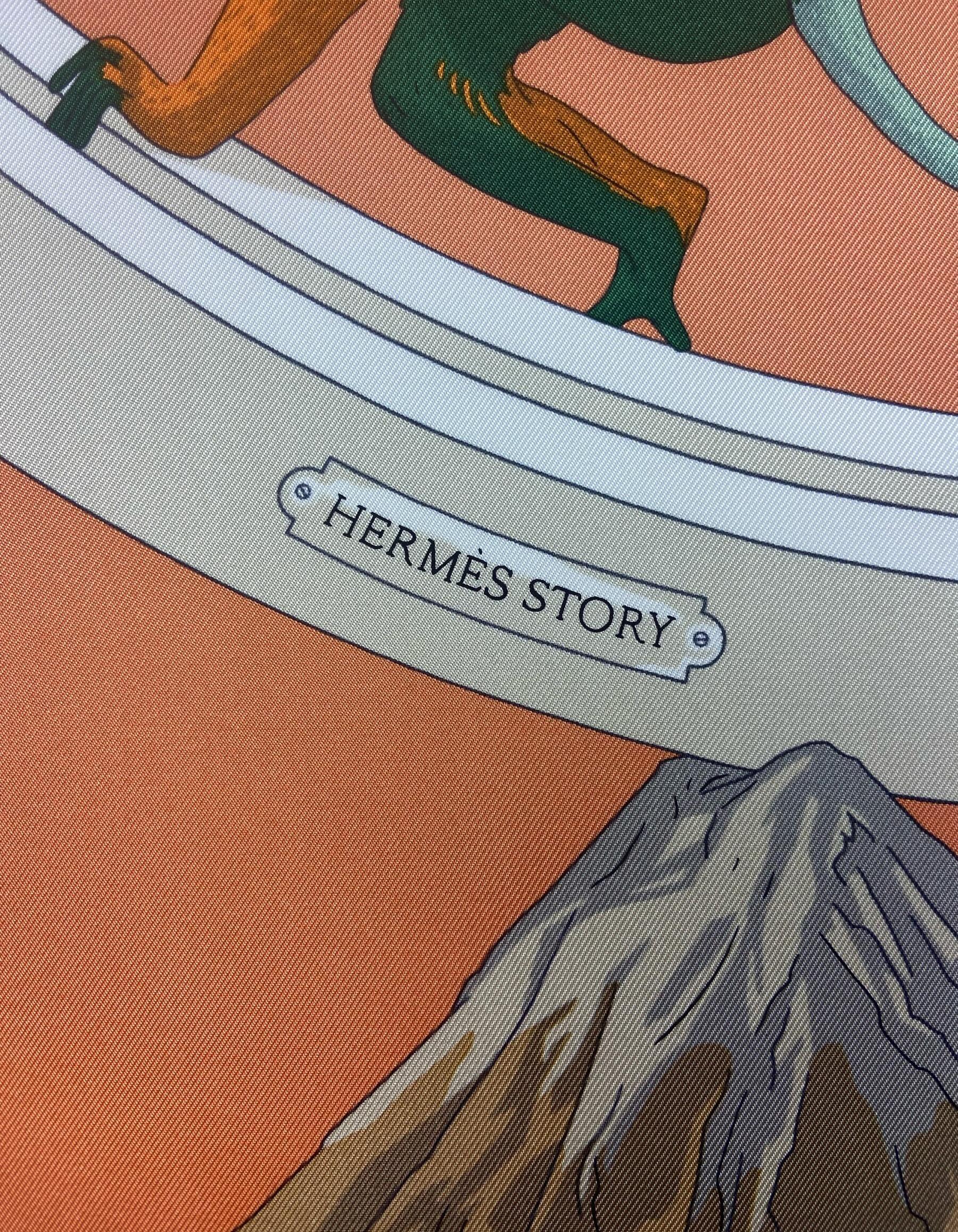 Women's Hermes NEW Abricot/Beige/Vert Hermes Story 90cm Silk Scarf For Sale