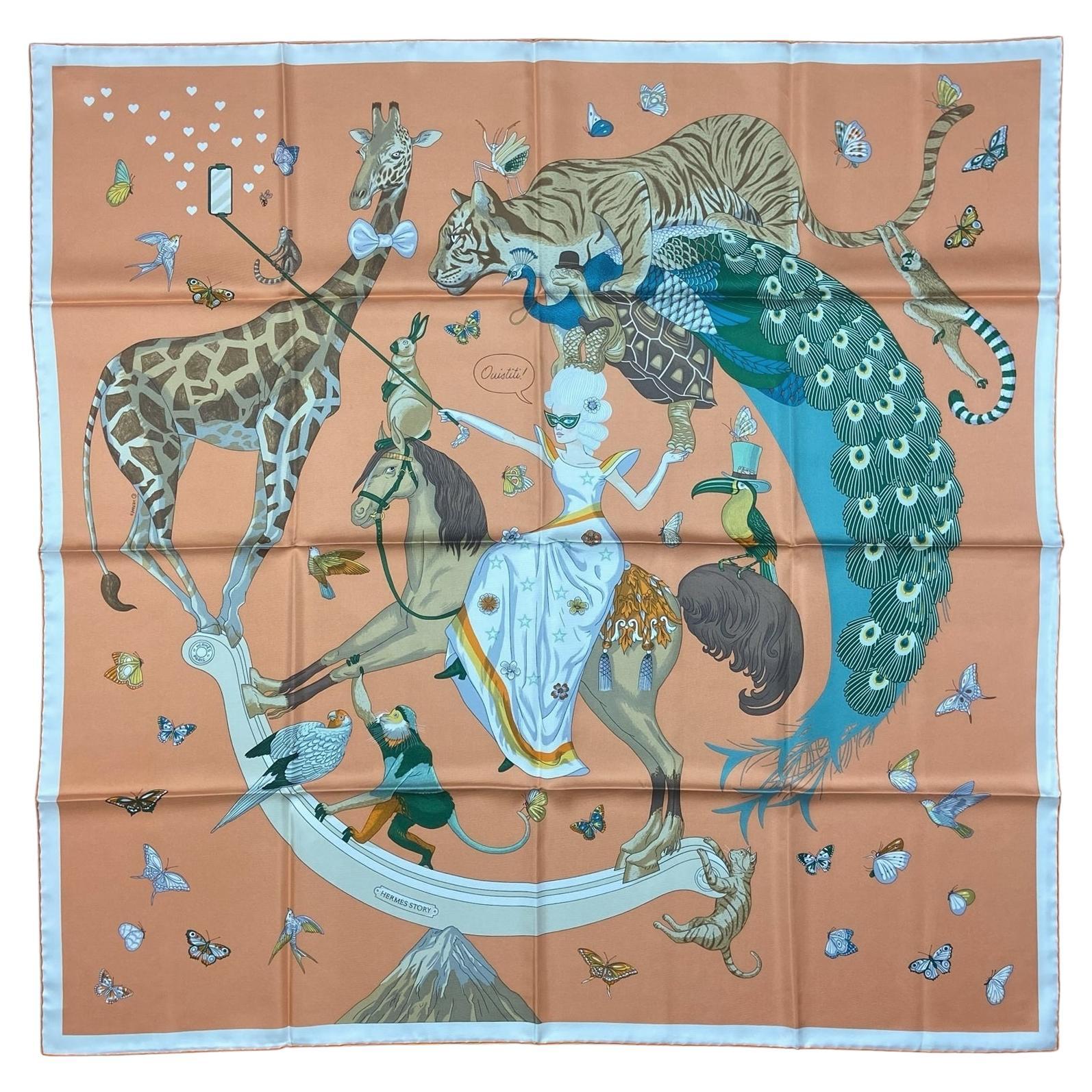 Hermes NEW Abricot/Beige/Vert Hermes Story 90cm Silk Scarf For Sale