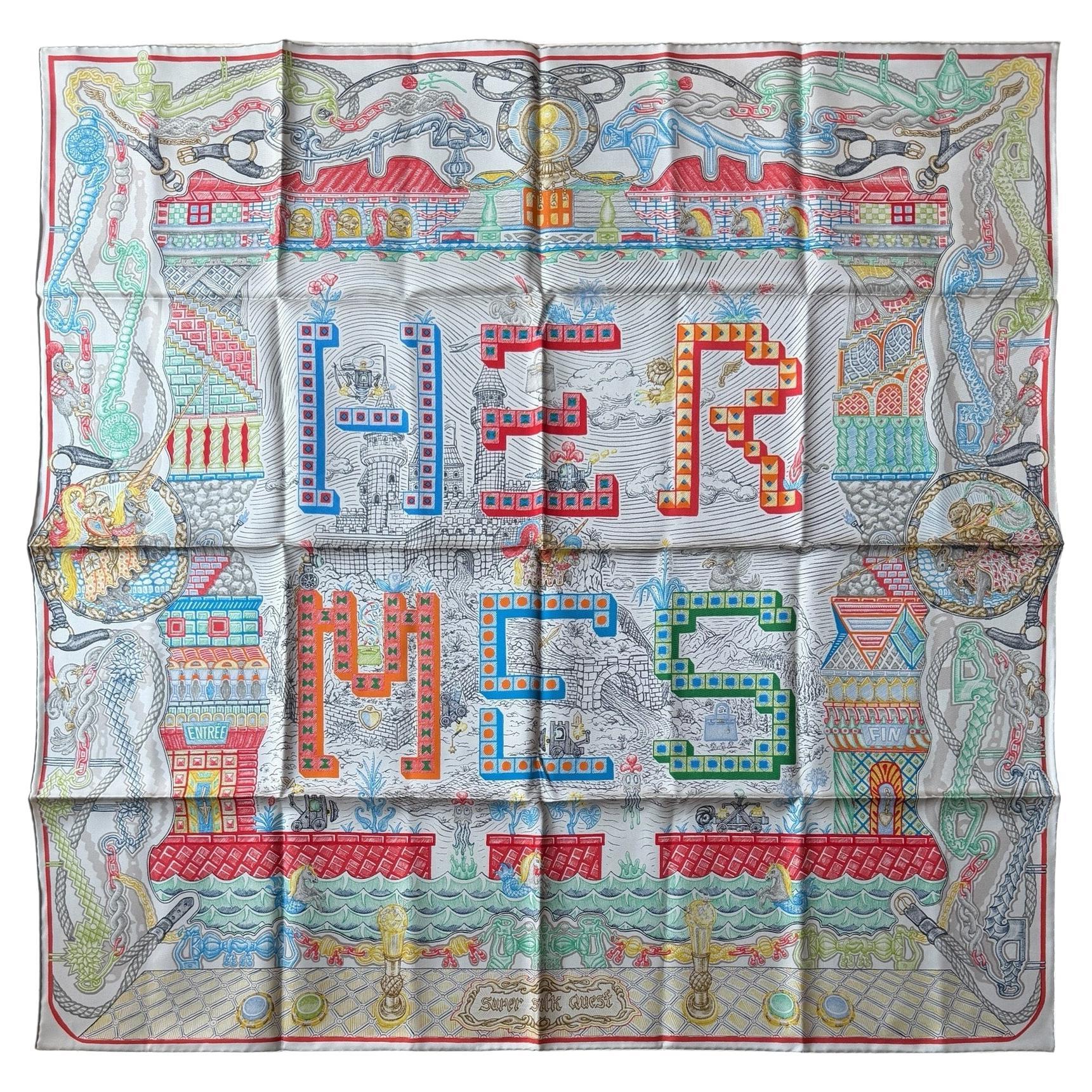 Hermes NEW Argental/ Corail/ Multi Super Silk Quest 90cm Sciarpa di seta in vendita