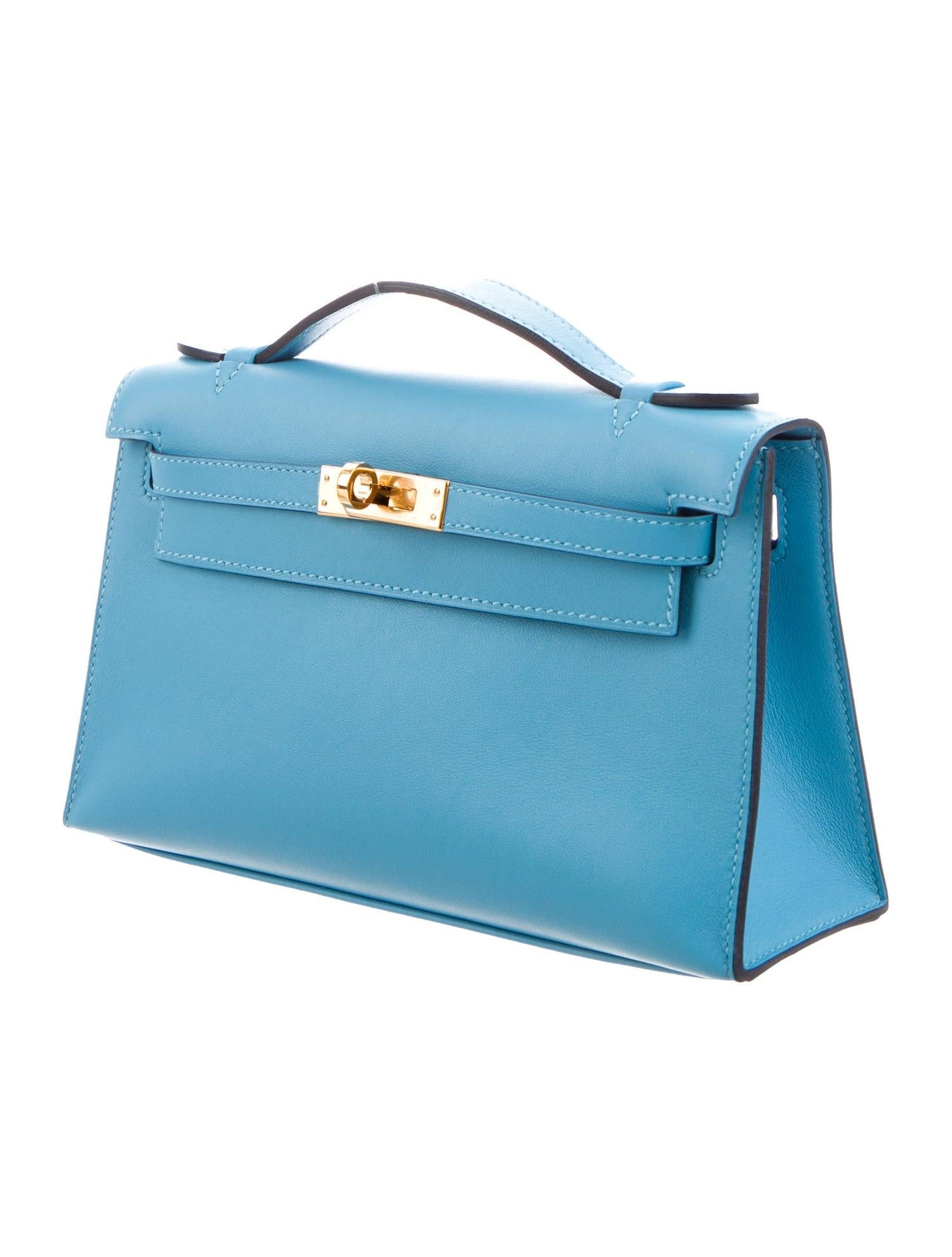 Women's Hermes NEW Baby Blue Leather Gold Top Handle Satchel Small Tote Bag in Box