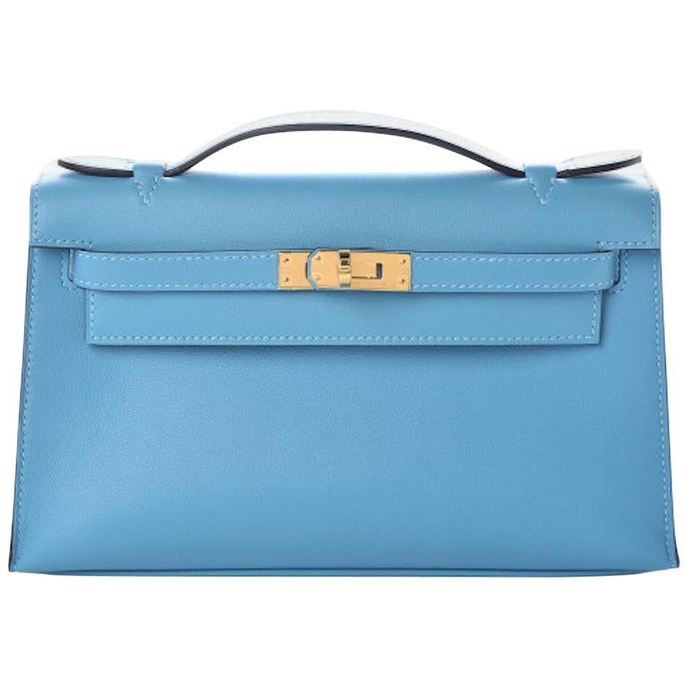 Hermes NEW Baby Blue Leather Gold Top Handle Satchel Small Tote Bag in Box