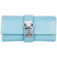 Hermes NEW Baby Blue Leather Palladium Collier Evening Envelope Clutch Flap Bag 