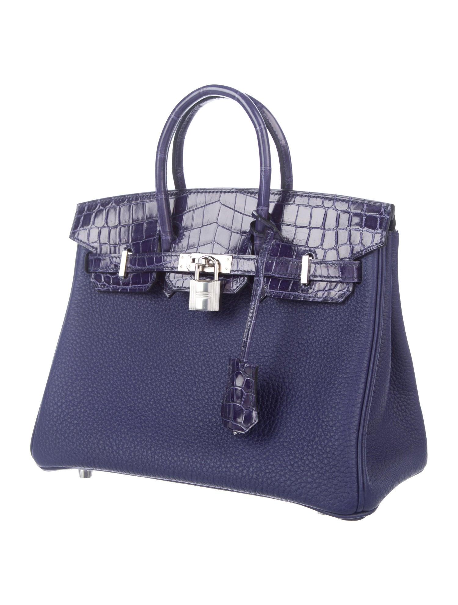 Hermes NEW Birkin 25 Blue Leather Crocodile Exotic Leather Palladium Top Handle Satchel Tote Bag in Box

Leather
Crocodile 
Palladium-plated hardware
Turn-lock closure 
Leather lining
Date code present
Made in France
Handle drop 3.5