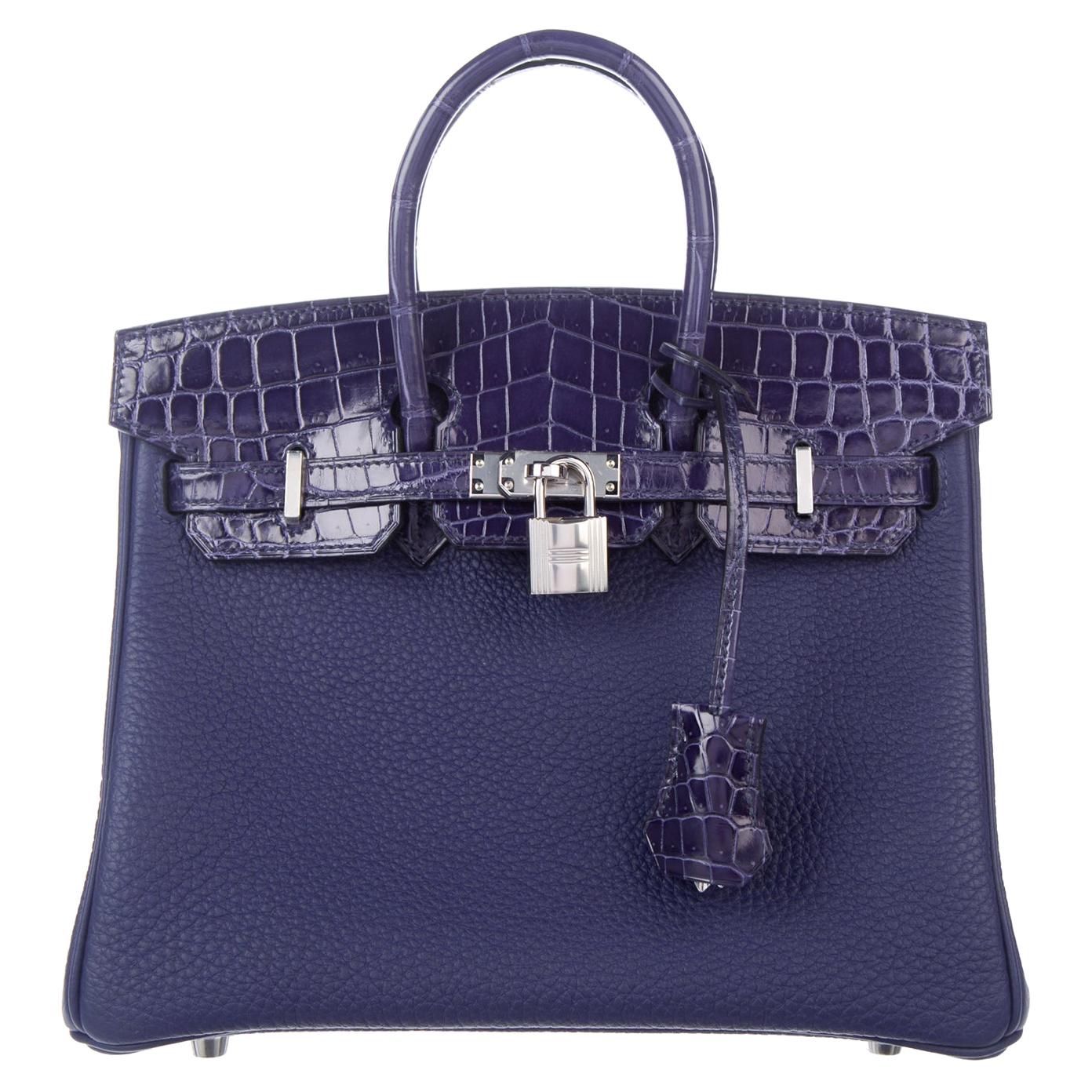 Hermes NEW Birkin 25 Blue Leather Croc Leather Top Handle Satchel ToteBag in Box