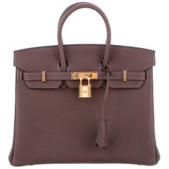 Hermes NEW Birkin 25 Brown Leather Gold Top Handle Satchel Tote Bag in Box 