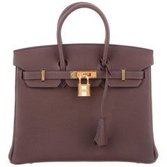 Hermes NEW Birkin 25 Brown Leather Gold Top Handle Satchel Tote Bag in Box