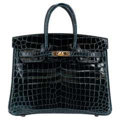 NOUVEAU Sac cabas Birkin 25 en cuir crocodile exotique bleu et or