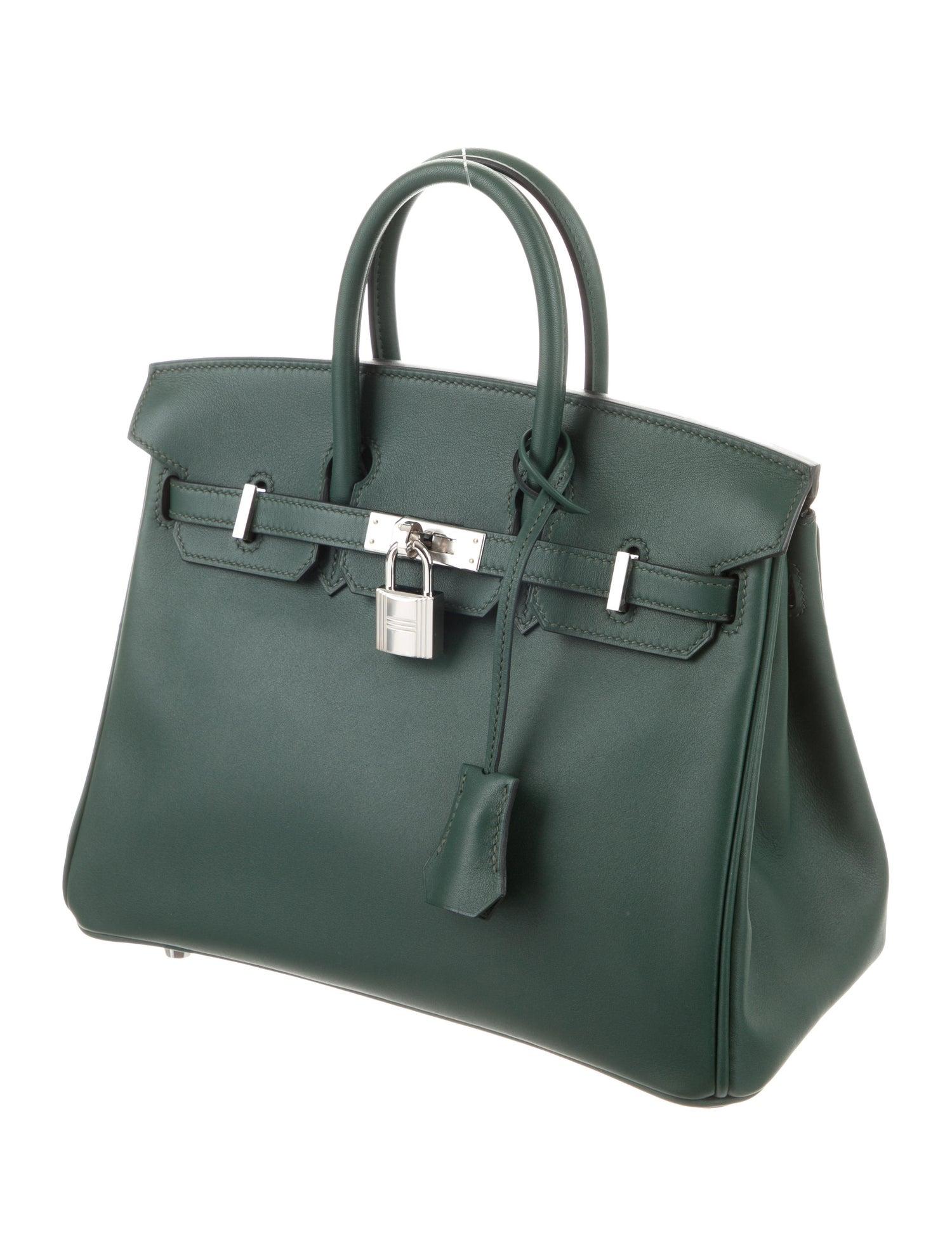 Black Hermes NEW Birkin 25 Green Leather Top Handle Tote Satchel Shoulder Bag in Box