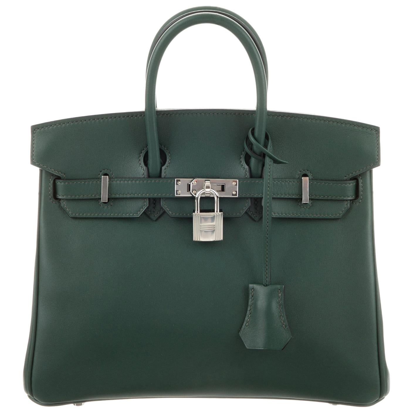 Hermes NEW Birkin 25 Green Leather Top Handle Tote Satchel Shoulder Bag in Box