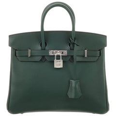 Hermes NEW Birkin 25 Green Leather Top Handle Tote Satchel Shoulder Bag in Box