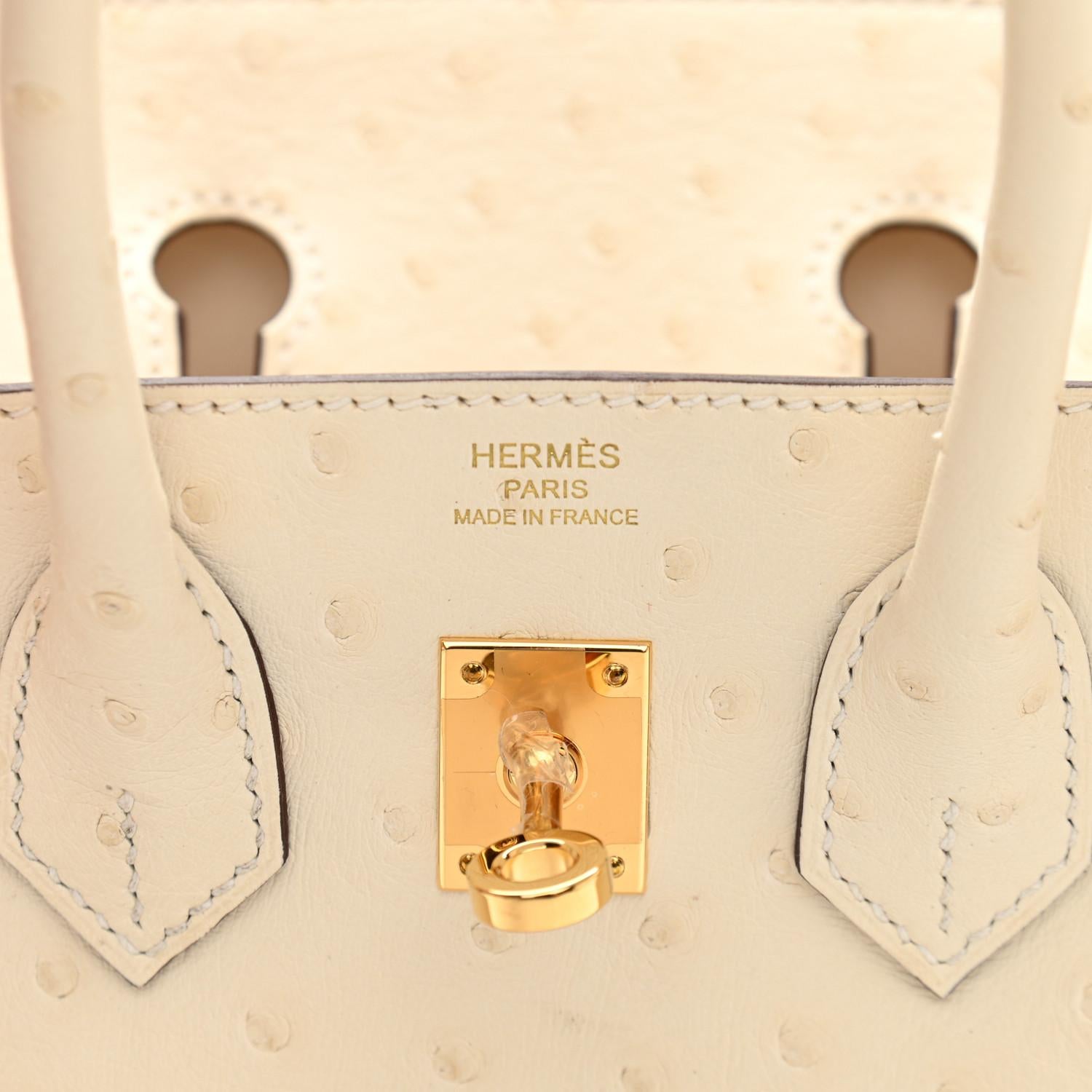 Women's HERMES NEW Birkin 25 Ivory Cream Exotic Ostrich Gold Top Handle Tote Bag